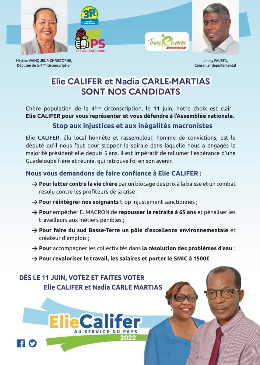 Le soutien de la députée sortante de la 4e circonscription <a href="/HVainqueur/">Hélène Vainqueur-Christophe</a> et du conseiller départemental <a href="/JimmyFausta/">Jimmy FAUSTA</a> m’honore.
Prêt à reprendre le flambeau tenu avec dévouement par notre parlementaire en sachant pouvoir compter sur un jeune élu engagé pour le sud Basse-Terre.✌🏾