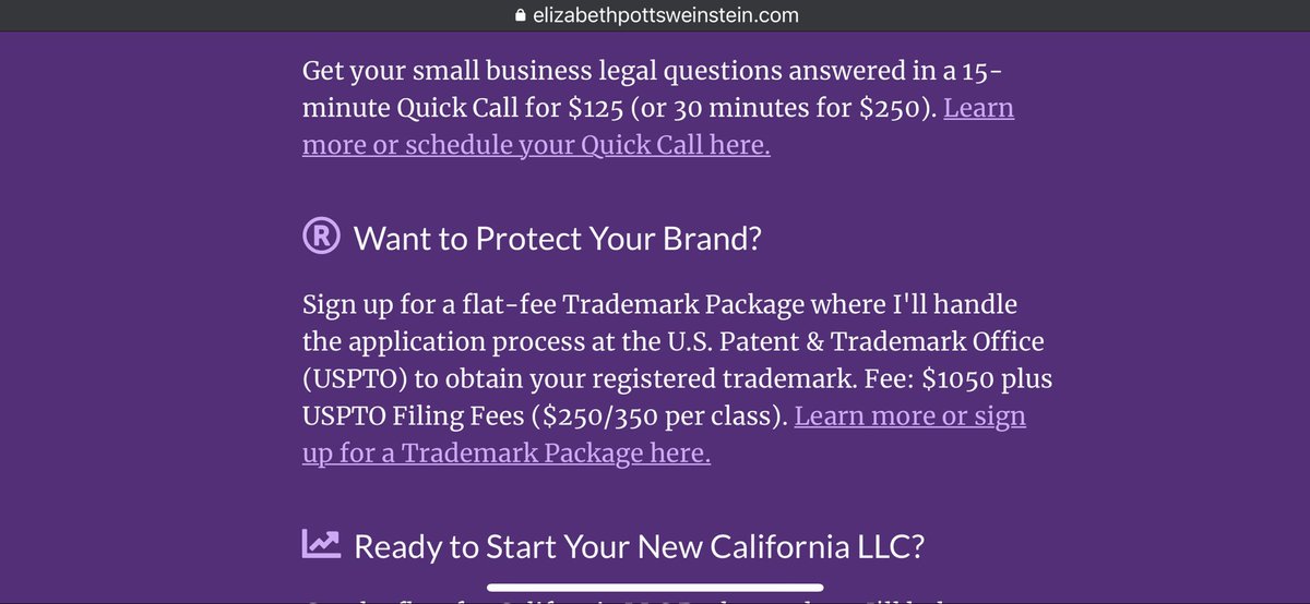 Update — I’m accepting new clients for a limited time, for Quick Calls, Trademarks, and California LLC packages elizabethpottsweinstein.com/work-with-me.h…