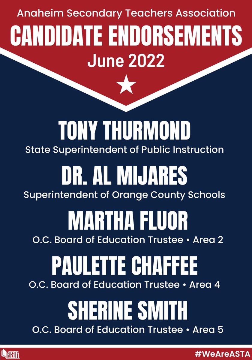 ASTAAnaheim's tweet photo. Tuesday, June 7 is ELECTION DAY! Before you head to the polls, check out this list of ASTA-Endorsed Candidates. #WeAreASTA #Vote #SchoolsFirst #ProPublicEd https://t.co/iHaw5KHcRn