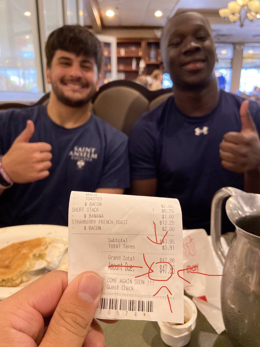 Jersey <a href="/STAHawksFB/">Saint Anselm Football 🏈 #BCM</a> Hawks getting some food after a workout. Must be a sign that the bill was #47 #BCM #ALLGAS #47wagne