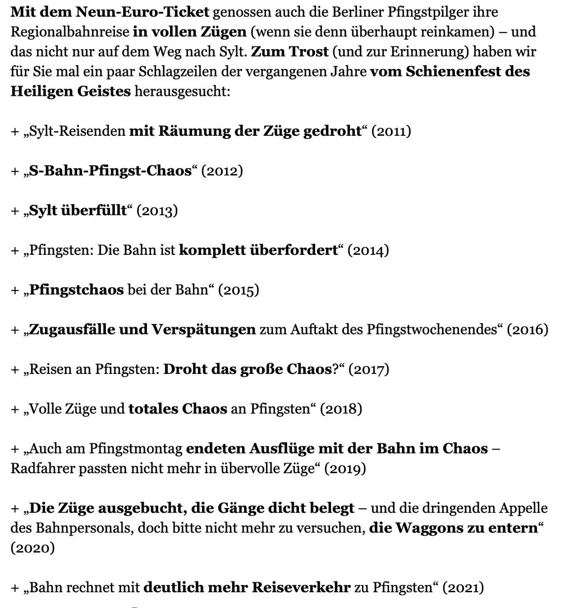 Ann-Kathrin Hipp (@ak_hipp) on Twitter photo "Das #9EuroTicket sorgte an Pfingsten für Chaos"
Das Pfingstchaos der vergangenen 10 Jahre (via <a href="/TspCheckpoint/">Tagesspiegel Checkpoint</a>): "Das #9EuroTicket sorgte an Pfingsten für Chaos"
Das Pfingstchaos der vergangenen 10 Jahre (via <a href="/TspCheckpoint/">Tagesspiegel Checkpoint</a>):