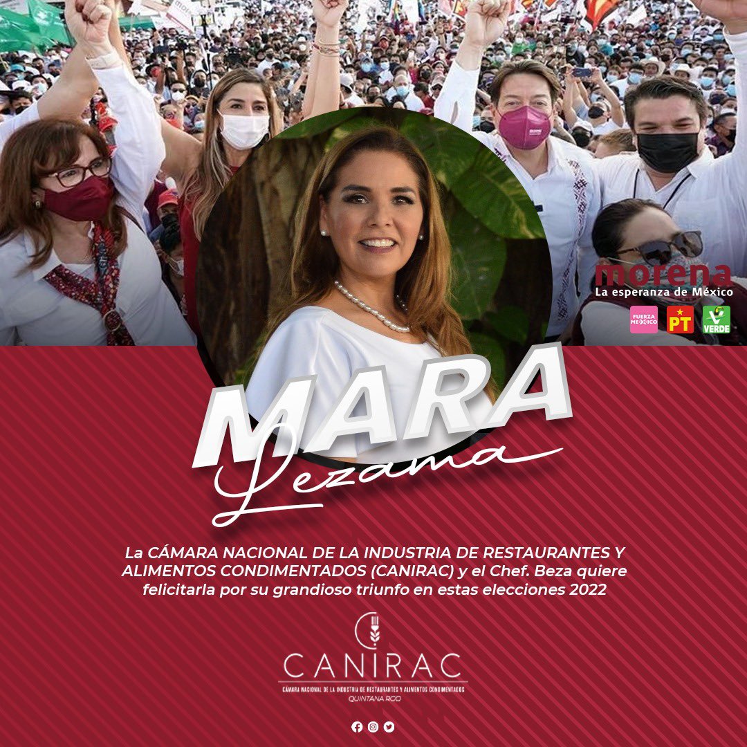 Me uno a la  felicitación de la Lic. <a href="/MaraLezama/">Mara Lezama</a>  por encabezar los resultados de las elecciones a la gubernatura de Quintana Roo.
Felicidades y sigamos el camino del diálogo y de las mesas de trabajo , para el bienestar del estado , del turismo gastronómico y los empresarios