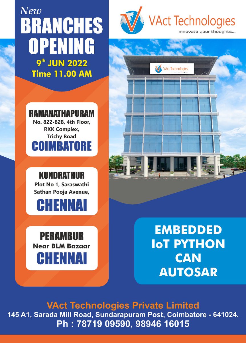 VActTechnology's tweet photo. We are Growing to serve you better
now we are in @Chennai also...
Start your Embedded system Training
#coimbatoreembedded #chennaijobs #embeddedchennai #chennaiautomotive #coimbatorejobs #embeddedcoimbatore #bestembeddedtraining
#embeddedsystemssystems #vact #vacttechnologies https://t.co/4GiPiSX5u6