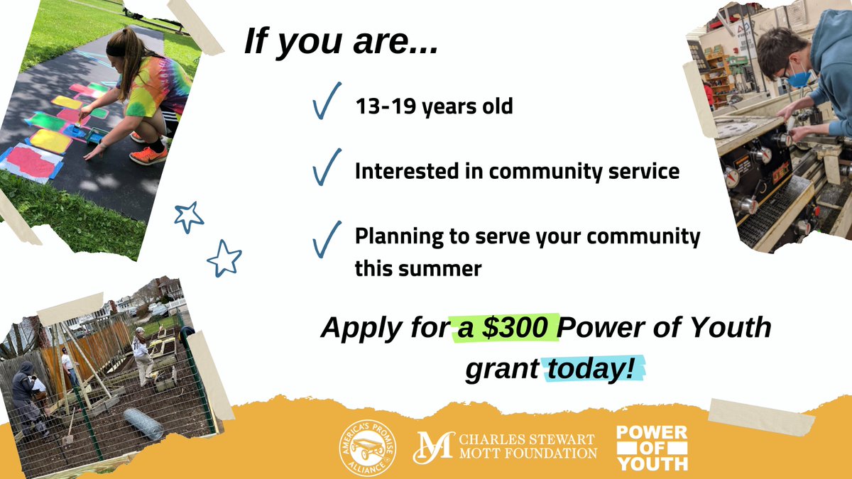 💫 GRANT OPP FOR YOUTH! 💫The #PowerOfYouth Challenge (with support from the <a href="/MottFoundation/">Mott Foundation</a>) is providing $300 mini-grants to youth leading service projects this summer: americaspromise.org/poy