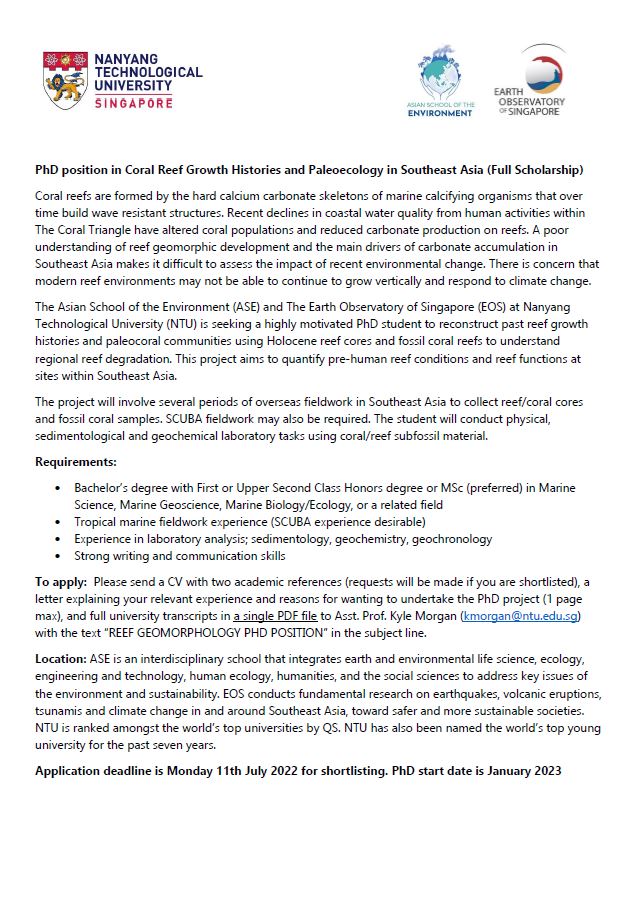 kylecoral's tweet photo. 📢#PhDposition available in #CoralReef functions AND reef #geomorphology #paleoecology at @NTU_ASE  and @EOS_SG . Fieldwork across Southeast Asia! Email me to apply or for more details. Start in Jan 2023 🪸🏝️🌊🐚 https://t.co/2kRL9O1Cgo