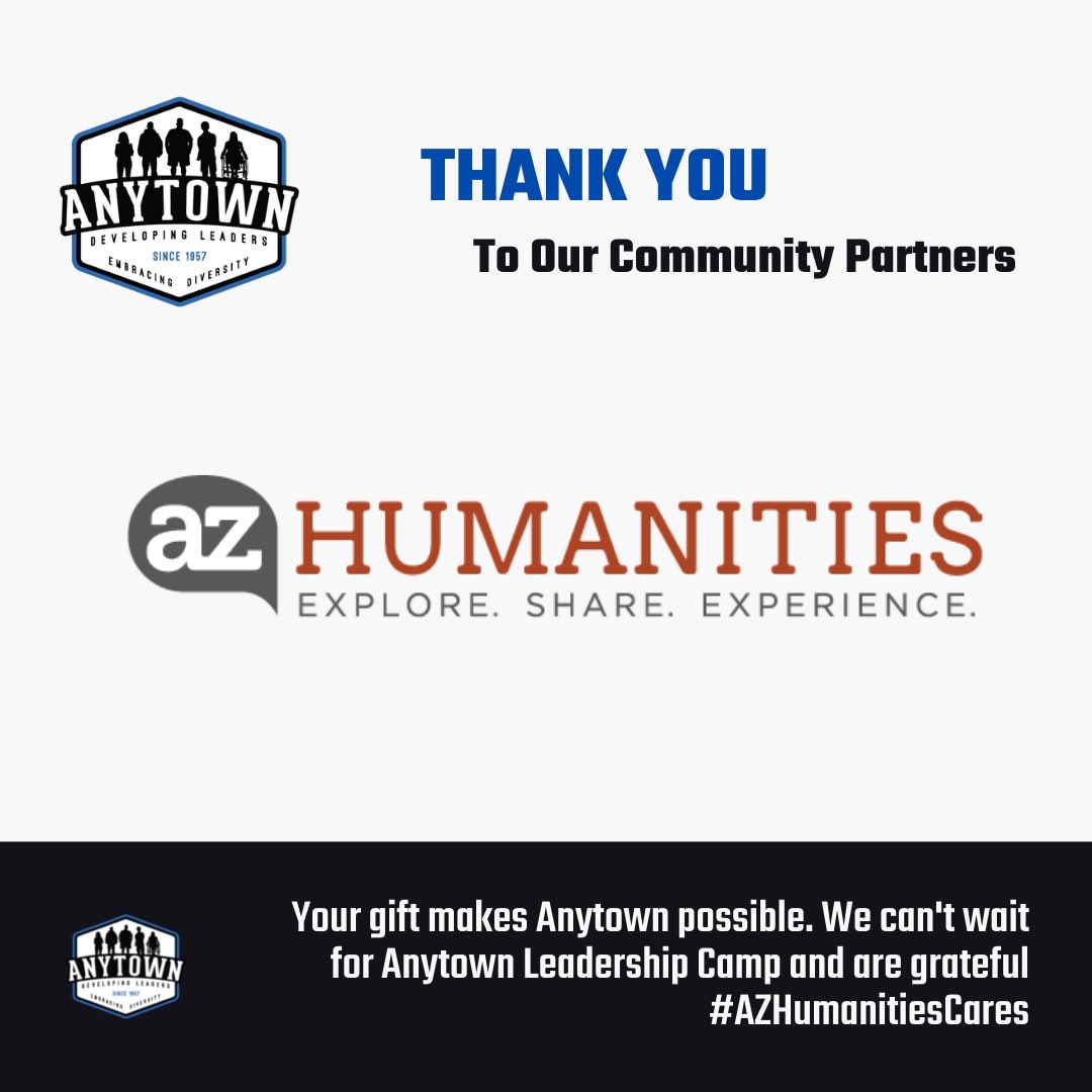 AnytownCamp's tweet photo. We are excited to announce that Anytown received a grant from @AZHumanities!
Thank you Arizona Humanities for supporting diversity and youth education! We can’t wait for Anytown Leadership Camp this summer and are grateful #AZHumanitiesCares
#WeAreAnytown #SupportersofAnytown https://t.co/lz818cGUsy