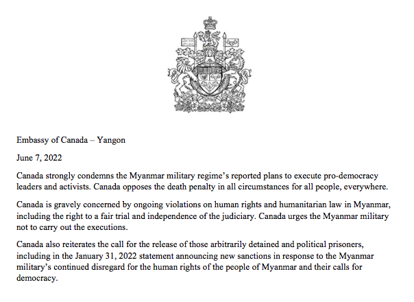 Canada strongly condemns the Myanmar military regime’s reported plans to execute pro-democracy leaders and activists. Canada opposes the death penalty in all circumstances for all people, everywhere:
