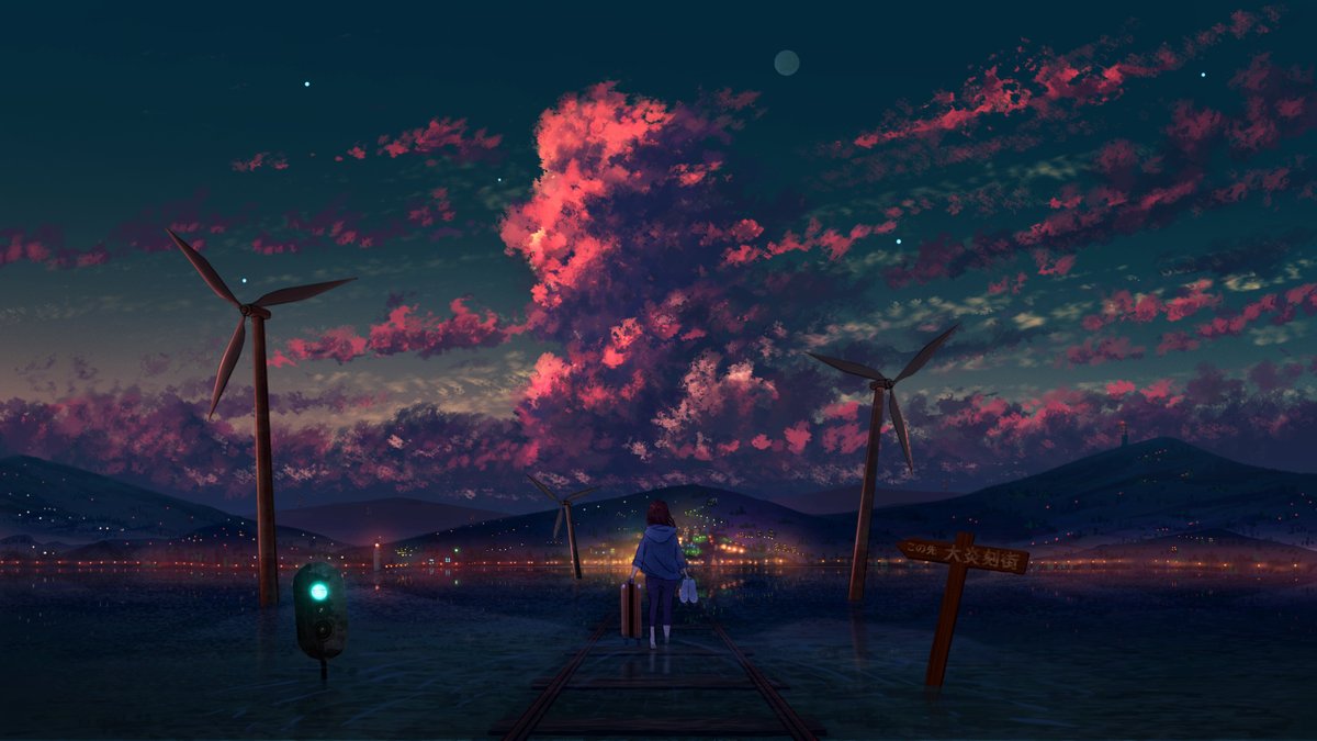 night crescent moon sky moon 1girl outdoors scenery  illustration images