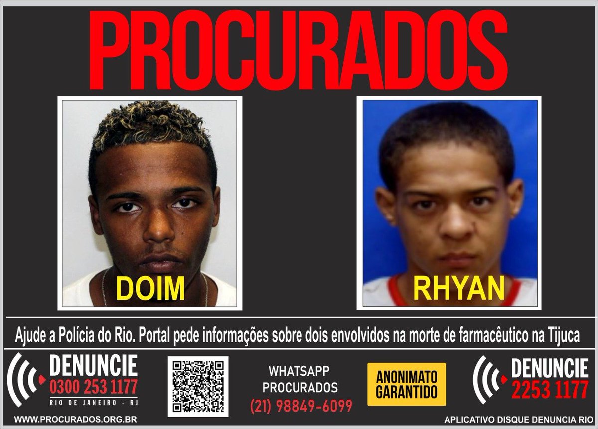 Esses👇são os suspeitos de envolvimento na morte do farmacêutico Carlos Alexandre Resende, de 40 anos; baleado na cabeça, durante uma tentativa de assalto, dia 25/03/2022, na Praça Carlos Paolera, Tijuca.

#denuncie 
📞21.2253 1177
📱Whats 21.98849 6099 / #app Disque Denúncia RJ
