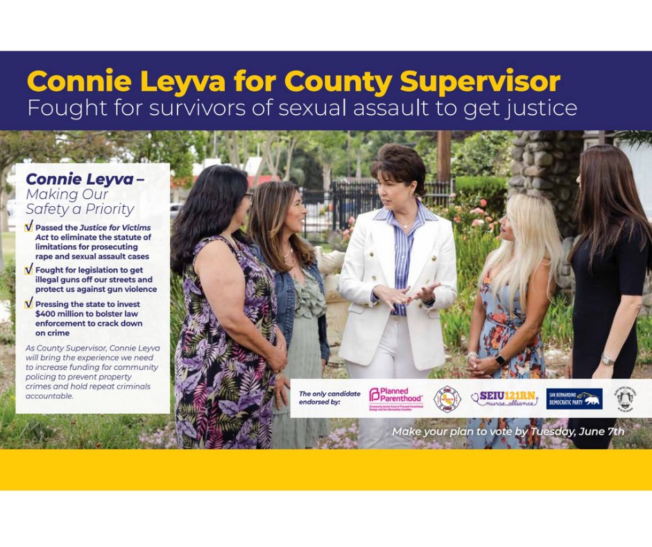 Protecting survivors of sexual assaults and fight to get million of dollars to test rape kits sitting on shelves and prosecute offenders.

Connie Leyva for Supervisor