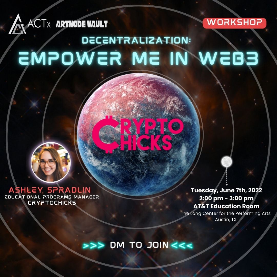 ArtnodeVault's tweet photo. Meet Ashley Spradlin! @ashley_spradlin

Ashley is a passionate educator 👩‍🏫

Managing Educational Programs for women @ crypto_chicks 💪

🎙️@DcentralCon 

🗓  6/7 👉 2-3pm

@actxdesign #crypto #WAGMI #web3voyager #ArtnodeATX https://t.co/dYdENMSlI2