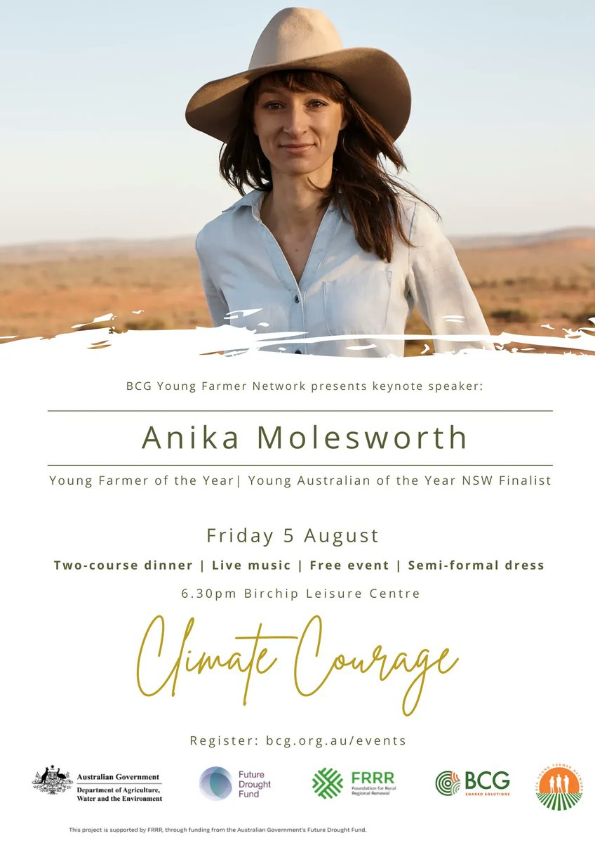 BCG_Birchip's tweet photo. Register now for the BCG Young Farmer Network's Climate Courage event with Anika Molesworth on Friday the 5th of August at the Birchip Leisure Centre. Free entry, live music and a two-course meal! https://t.co/fjcjTNE0kn #BCGYFN #FutureDroughtFund
@FRRR_Oz https://t.co/NkJCYU32Vt