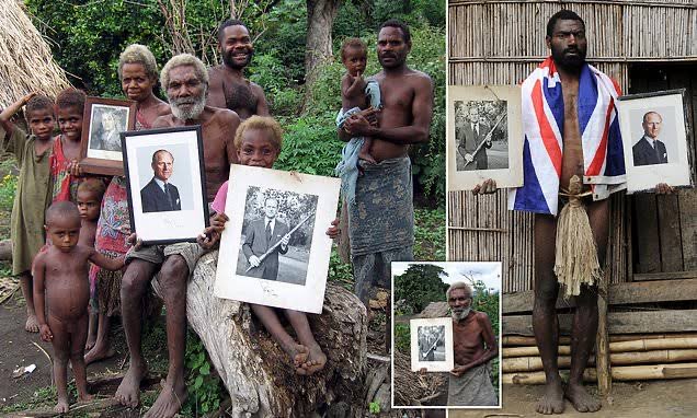 Rickshears's tweet photo. Vanuatu tribe who worshipped Prince Philip as their god might now promote the Queen as their 'Missus'. (Pic Richard Shears). https://t.co/Fs92U0M7EG