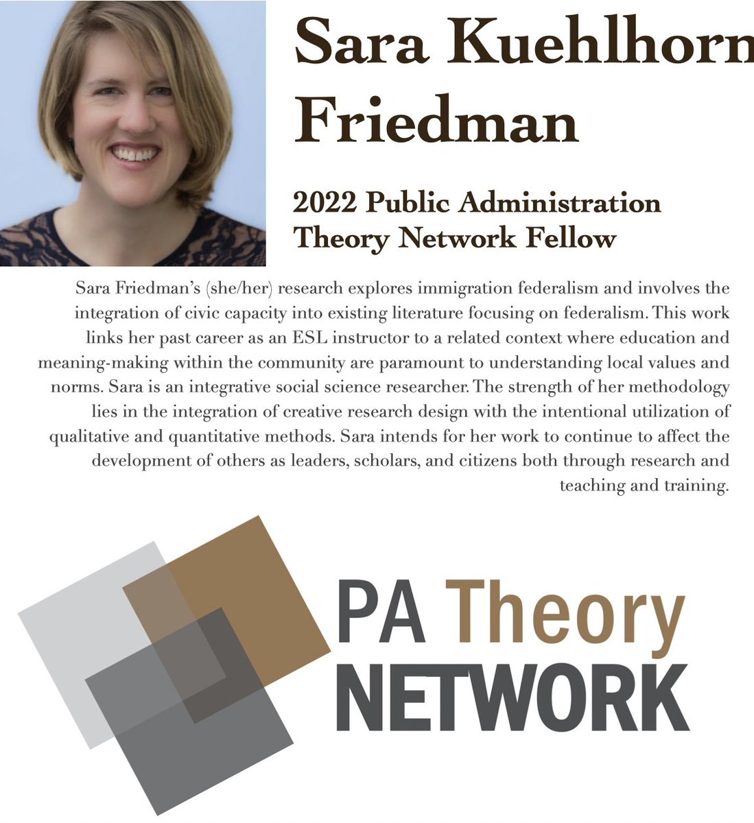 patheory's tweet photo. Sara Kuehlhorn Friedman is a Ph.D. candidate @Portland_State & a #patheory2022 Fellow! #MeetTheFellows as we #CountdownToCIDE! Whether in person or online, we look forward to seeing you at the 2022 Hybrid PA Theory Network Conference on June 16-19 @CIDE_MX @CIDE_DAP @DPP_CIDE π²π½ https://t.co/N8Gv4PpUON