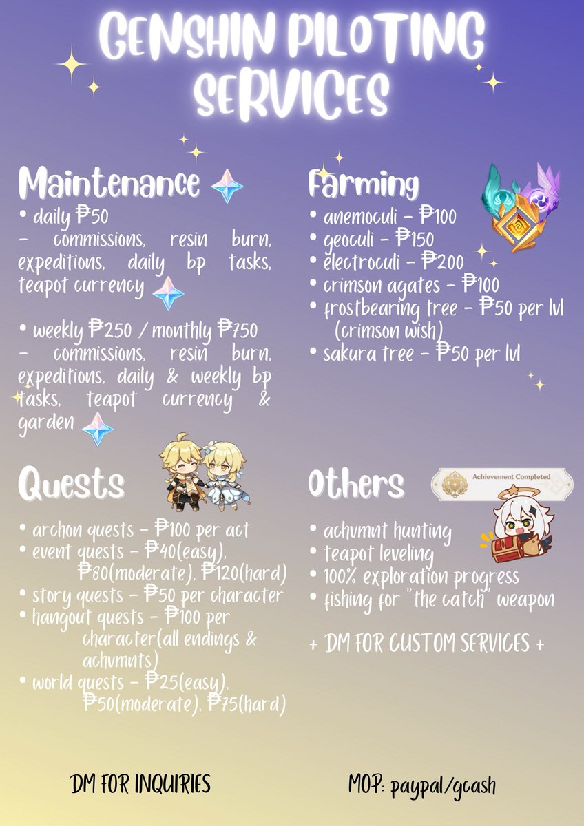 xiaosly's tweet photo. too preoccupied with ur school works? too busy with ur job? too much genshin burnout? fret not! i can pilot ur acc for u at a reasonable price and u wont have to worry about missing out on genshin events and rewards :D #genshintwt #pilotingservices #genshinimpact https://t.co/3zy9f7ccuo