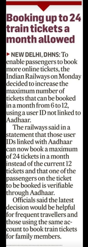 DRM Bengaluru (@drmsbc) on Twitter photo Increase in the limit of online booking of tickets through IRCTC. You can now book upto 12 Railway tickets online on #IRCTC website from a user ID not linked with Aadhar(earlier limit of 6). For Aadhar linked, the limit is increased to 24(earlier limit of 12)
<a href="/SrDCM_Bengaluru/">@SrDCM_Bengaluru</a> Increase in the limit of online booking of tickets through IRCTC. You can now book upto 12 Railway tickets online on #IRCTC website from a user ID not linked with Aadhar(earlier limit of 6). For Aadhar linked, the limit is increased to 24(earlier limit of 12)
<a href="/SrDCM_Bengaluru/">@SrDCM_Bengaluru</a>
