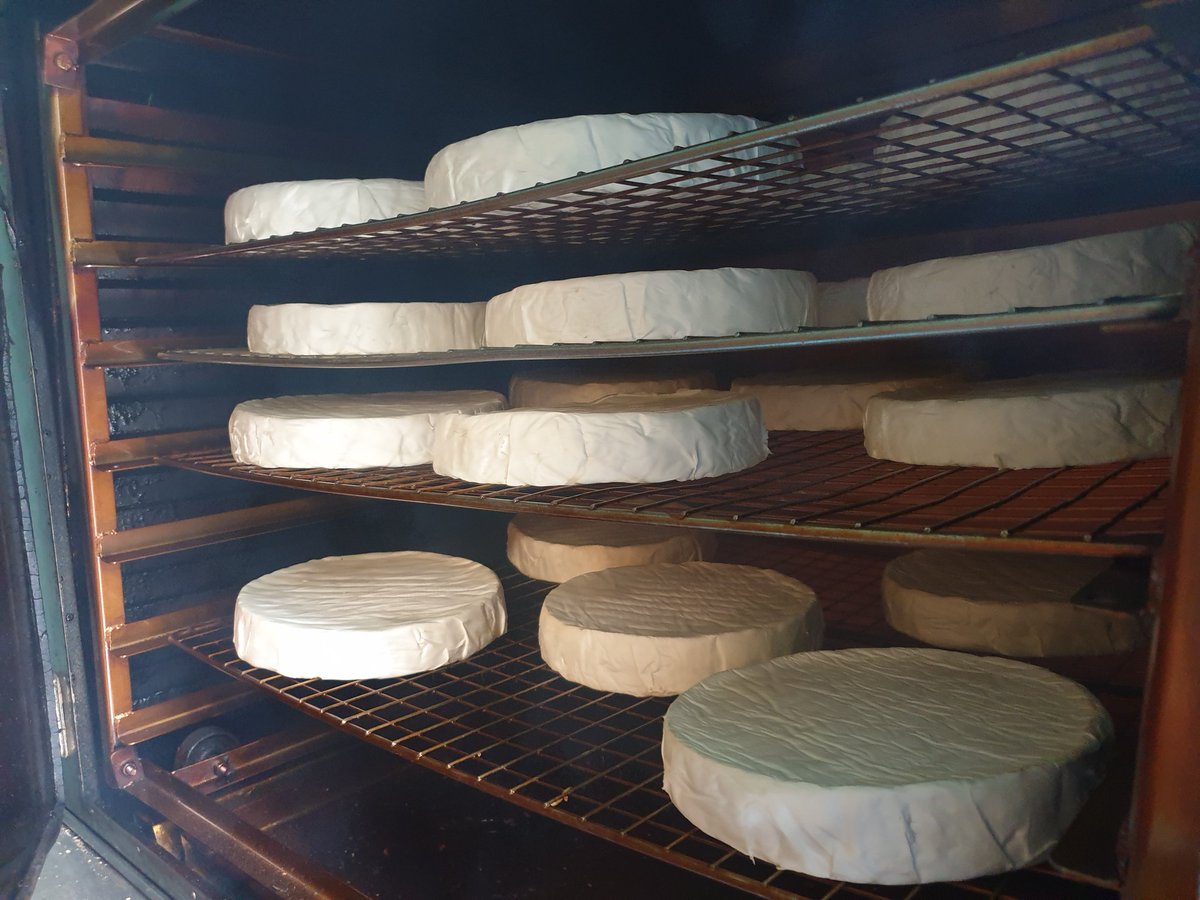 Some early morning guest #cheesesmoking. Not our cheeses, guest smoking #Brie and #Stilton for a lovely customer two hours apart, you can see how the colour is developing.
