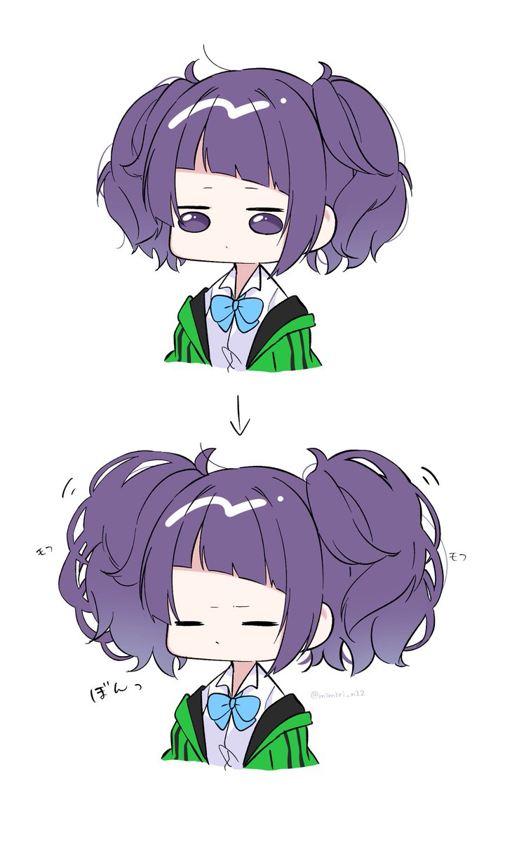 tanaka mamimi 1girl purple hair twintails jacket bow diagonal bangs green jacket  illustration images