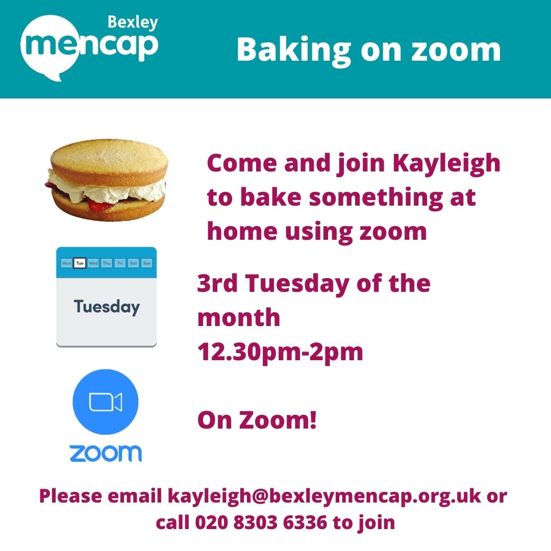 Baking with Bexley Mencap
Join us to bake on zoom on Tuesday 14th June at 12.30pm
This month we are making oat biscuits 
Let us know if you would like to join in