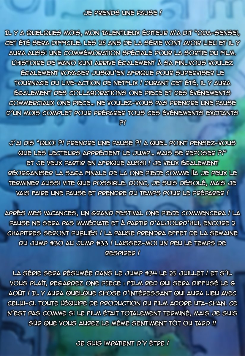 GojiYoutube's tweet photo. Le message d'Eiichiro Oda annonçant sa pause de 1 mois traduit par mes soins : https://t.co/9gUosztq8n