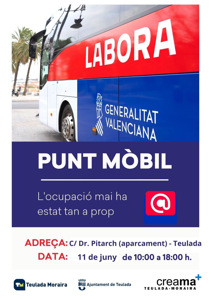 creama_org's tweet photo. Saps que el Bus de @GVAlabora  estarà en #Teulada el pròxim 11 de juny i en #Moraira els dies 13 i 14 de juny❓ 

Doncs sí, aprofita l'oportunitat per a realitzar les teues gestions de⌚️10.00 a 18.00 h. 

#TreballemJuntsPerLaComarca #MarinaAlta #Ocupació #BusLabora
@AytoTeulada https://t.co/IhFjbqYRL9