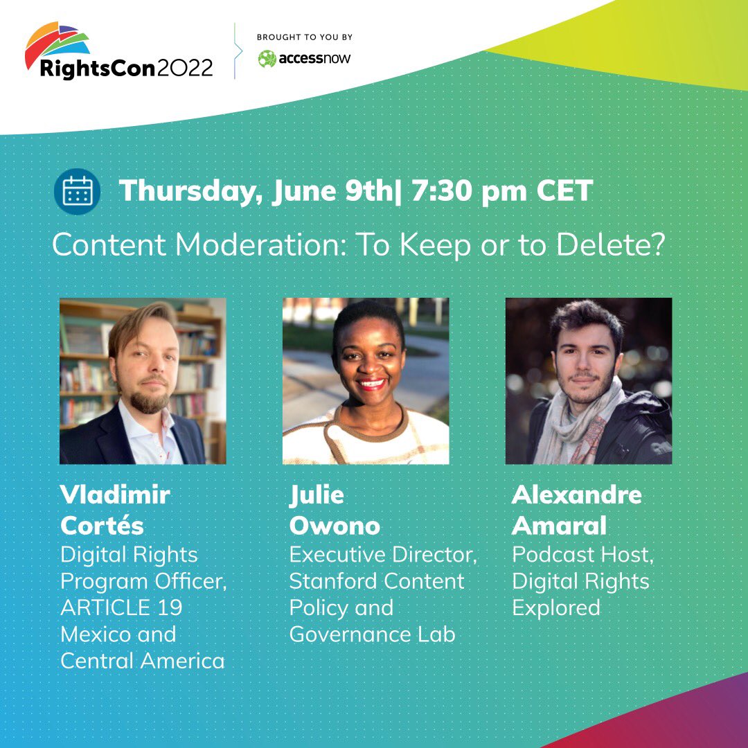 Join the discussion at our live #podcast! 😁🎧

with Digital Rights Program Officer <a href="/vladyruzo/">Vladimir Cortés R</a> from @article19mex, and <a href="/JulieOwono/">JulieOw@mstdn.social</a> Exec. Director of <a href="/ContentPSL/">Content Policy & Society Lab (CPSL)</a> at Stanford.
rightscon.summit.tc/t/2022/events/…
<a href="/rightscon/">RightsCon</a> #RightsCon2022 <a href="/dw_akademie/">DW Akademie</a>