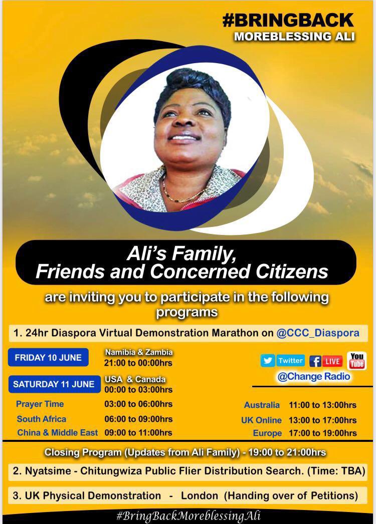 CCCZimbabwe's tweet photo. 🟡#BringBackMoreblessing We continue to demand the immediate safe return of Moreblessing Ali who was forcibly taken on 24 May. 

Please be advised that the program of action to escalate awareness to her enforced disappearance is as follows: https://t.co/o2Qn6zsmbw