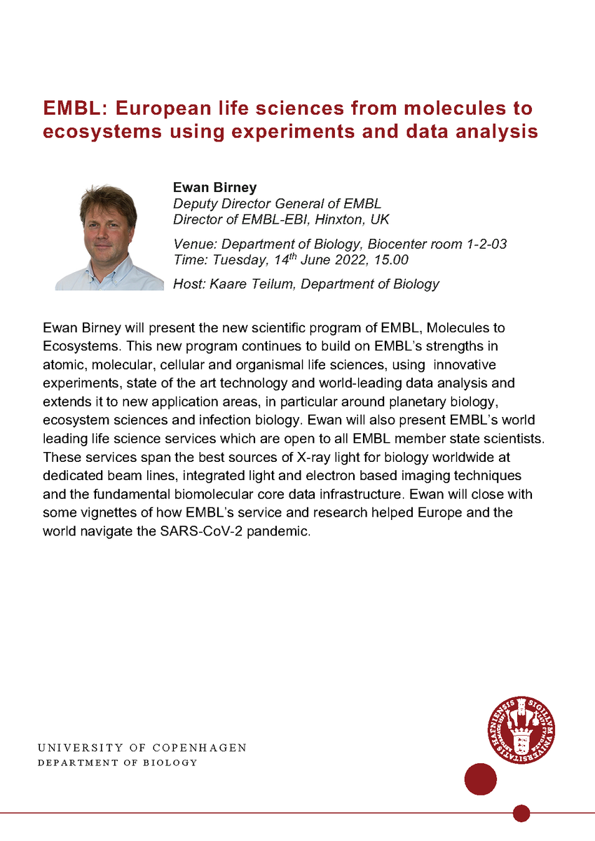 DANEMO (@danemo_informs) on Twitter photo Next week <a href="/BIO_UCPH/">Biologisk Institut</a> the new scientific program
@EMBL "Molecules to Ecosystems" will be presented by Deputy Director General Ewan Birney (host <a href="/KTeilum/">Kaare Teilum</a>)
Come join!
ā”ļø14 June from 15:00 at Univ. of Copenhagen (details in poster)
Open to everyone (no sign-up, but limited seats) Next week <a href="/BIO_UCPH/">Biologisk Institut</a> the new scientific program
@EMBL "Molecules to Ecosystems" will be presented by Deputy Director General Ewan Birney (host <a href="/KTeilum/">Kaare Teilum</a>)
Come join!
ā”ļø14 June from 15:00 at Univ. of Copenhagen (details in poster)
Open to everyone (no sign-up, but limited seats)