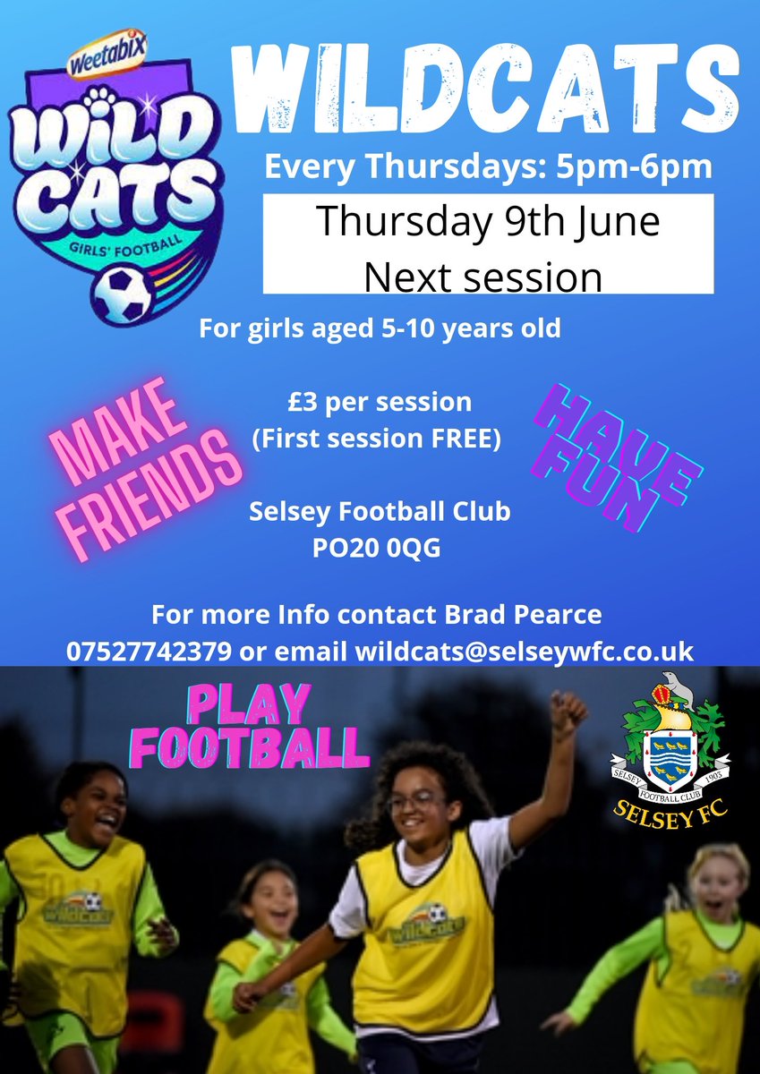 Selsey Women FC (@selseywfc) on Twitter photo 🐾 Wildcats at Selsey FC
Come along to Selsey Women FC Wildcats session.
Please sign up to the portal link below 👇🏼
faevents.thefa.com/book?sessionid…
Contact Brad Pearce on 07527742379 or email wildcats@selseywfc.co.uk for anymore information.
#UpTheSeals🦭
#UTS🦭 🐾 Wildcats at Selsey FC
Come along to Selsey Women FC Wildcats session.
Please sign up to the portal link below 👇🏼
faevents.thefa.com/book?sessionid…
Contact Brad Pearce on 07527742379 or email wildcats@selseywfc.co.uk for anymore information.
#UpTheSeals🦭
#UTS🦭