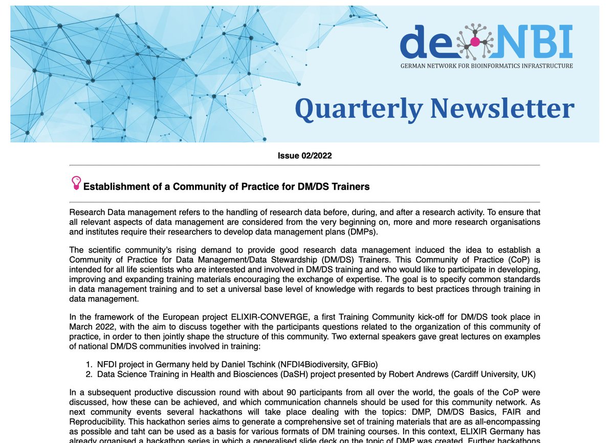 denbiOffice's tweet photo. The latest @denbiOffice newsletter Vol.28 is out now! Topics: CoP DM/DS Training, DMP Hackathons / Courses @gcb2022 / @ECCBinfo and @ELIXIREurope AHM in Amsterdam #ELIXIR2022. For more information see: https://t.co/99psyT07S5 https://t.co/AQ1mwT5nm3