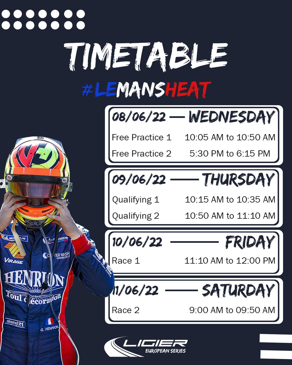LigierEuroSerie's tweet photo. Ready for the first edition of the #lemansheat 😎? Here is the timetable of the showpiece round of the 2022 season 👇

#ligiereuroseries #LeMans24 https://t.co/OX3LOrArpn