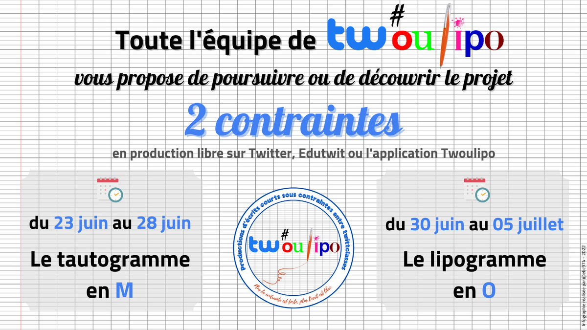 tw_oulipo's tweet photo. 📝 Pour terminer l'année, nous vous proposons de participer librement et sans inscription à un dernier challenge d'écriture.

2⃣ semaines pour (re)découvrir 2⃣ types de contraintes.

Publiez la ou les phrases de votre classe avec la balise #TwoulipoChallenge https://t.co/bgTi8IF5O9