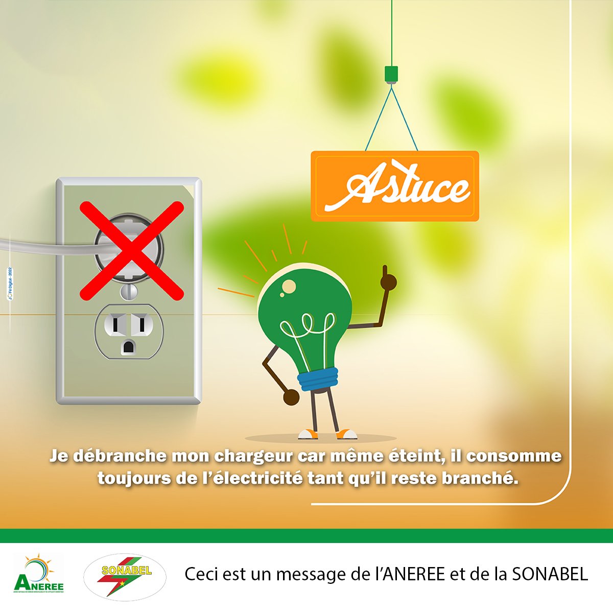 😊Astuce du jour😊
"Je débranche mon chargeur car même éteint, il
consomme toujours de l'électricité tant qu'il reste
encore branché "
😊Soyons tous des ambassadeurs pour une
utilisation rationnelle de l'énergie💪
#Aneree #Energies_Renouvelables #Efficacité #Energétique