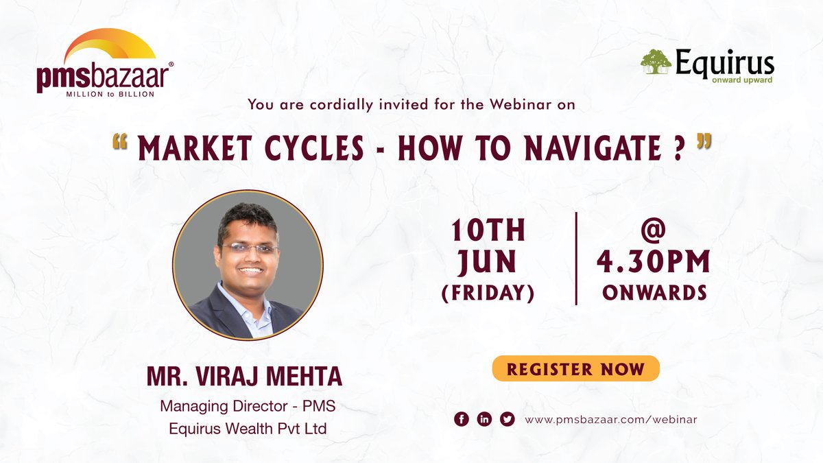 PmsBazaar's tweet photo. How to Navigate through the Market cycles?
Join our webinar this Friday and get the answer directly from @virajmehta16, Managing director – PMS, @EquirusGroup
Register NOW: https://t.co/he8dABWJx0
& Join us on 10th June at 4:30 PM
Don’t miss this golden opportunity! https://t.co/yW6uHI4sQf