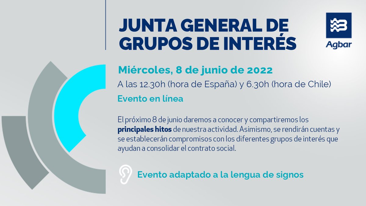 La empresa del siglo XXI se compromete con los grupos de interés que ayudan a consolidar el contrato social 🤝.  En esta línea, el 8/06 se celebra la #JuntaGeneralAgbar2022 de <a href="/Agbar/">Agbar</a> con presencia de nuestro presidente, <a href="/angelsimon_/">Angel Simon</a>. Inscríbete aquí: bit.ly/3tgsAlm.