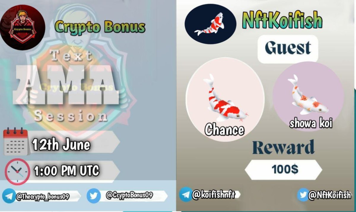CryptoBonus09's tweet photo. 🎀 #AMA Series With NFT Koifish

🎁 Prize: $100
📆 Date: 12th June 2022 1:00 PM UTC
🏨 Venue: https://t.co/xyovqnS92o

⚡Rules: 

1️⃣. Follow
@CryptoBonus09
@NftKoifish
2️⃣. Like Retweet &amp; Comment Your Questions ( 5 Questions Max ) Tag 3 Friends. https://t.co/JHDwPWgmbx