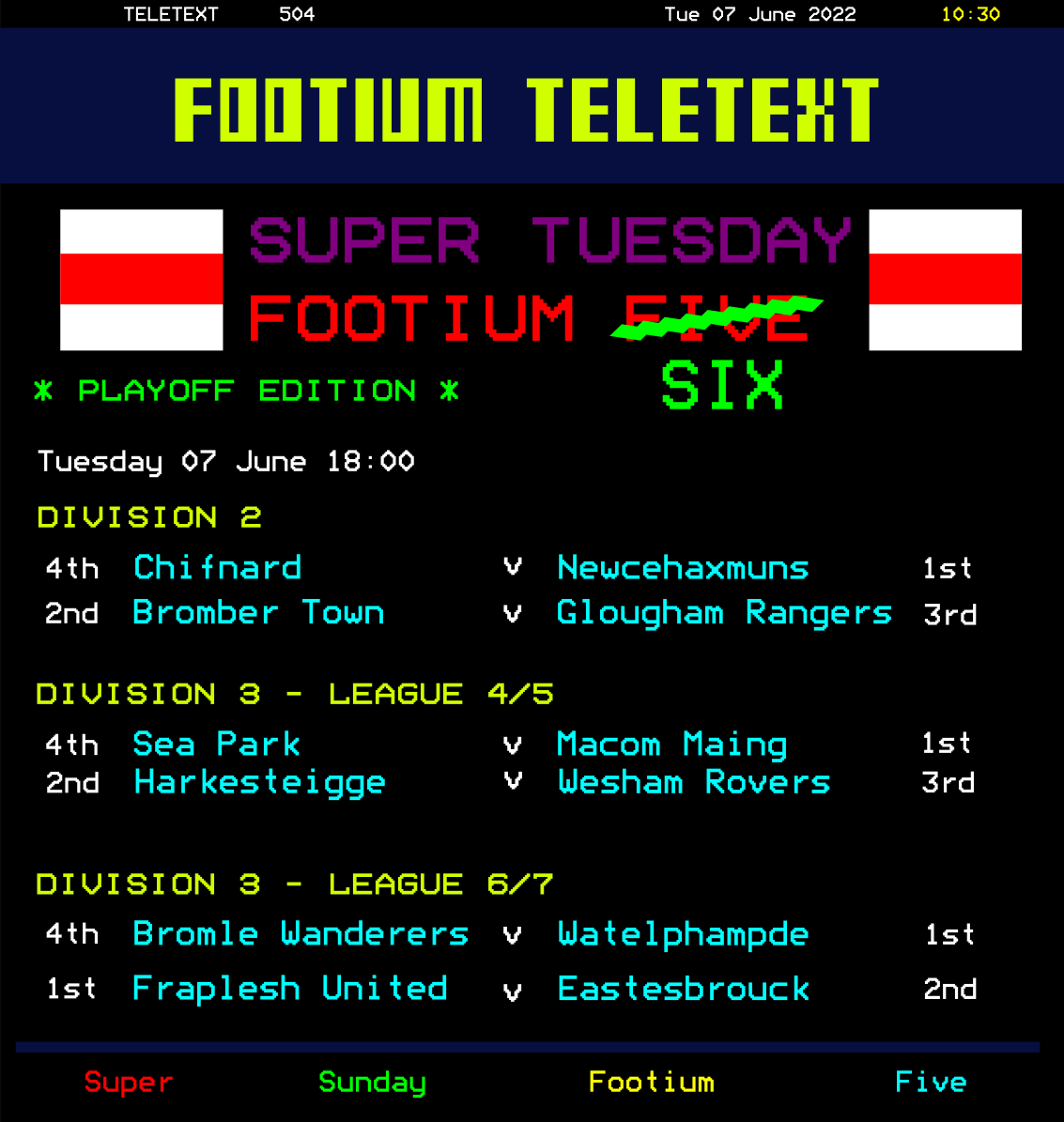 FootiumTeletext's tweet photo. It's the playoffs and we're back baby!!

Reply to this tweet with your predicted scores for the SIX games below!!

3 points for correct score, 1 point for correct result

Most points wins a coveted Teletext Mug AND 40 USDC* from the @Footium team!!!

*Prizes for  club owners only https://t.co/IV7X73Ijw1
