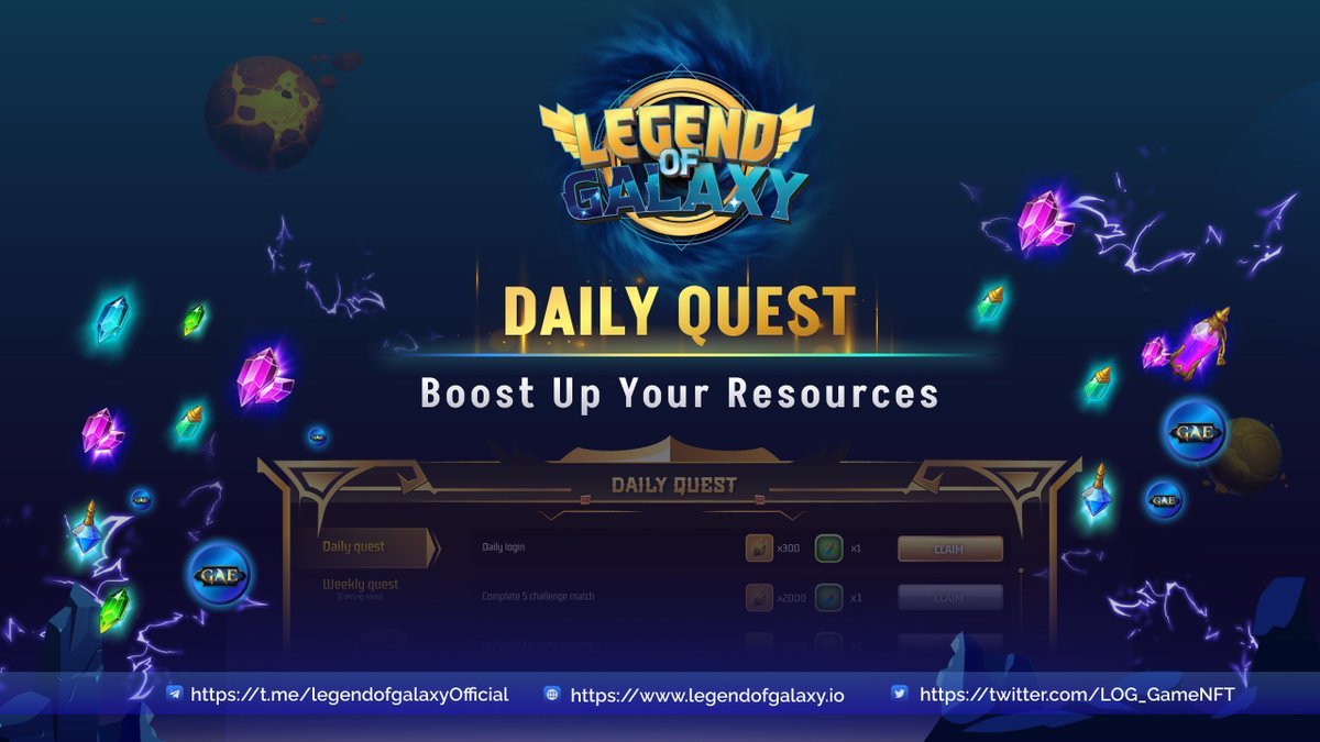⁉️ Ran out of GEM?
🔄⚔️ Conquer a round of Daily Quest can fill it up. There are also EXP and other items to claim as well as upgrade your squad.
🚀 Powerful formation brings up huge $GAE rewards, fast.

Try it yourself 👉 game.legendofgalaxy.io