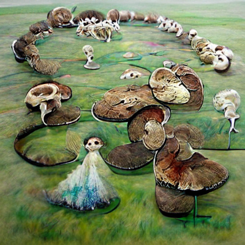 O_T_Human's tweet photo. In mixed media depict a fairy ring of mushrooms (#I2BE) #art #artist #artwork #nft #nfts #nftcollector https://t.co/vaev85NljR