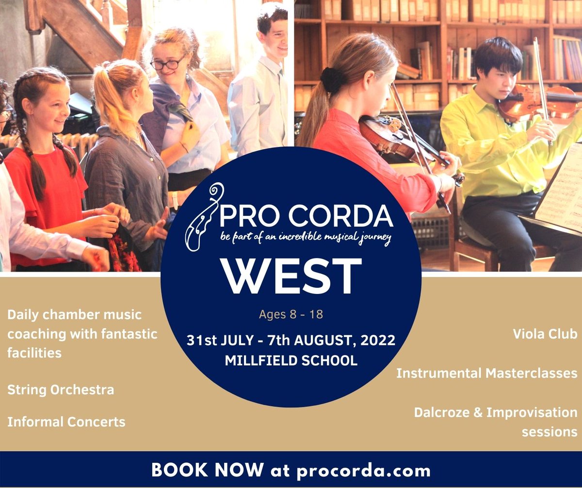 Few places left for Pro Corda West course this summer @MillfieldSenior. Fantastic chamber music coaching in a school with incredible facilities. Great for siblings & those playing a 2nd instrument. Heaps of fun for students aged 8-18. Book your place at procorda.com