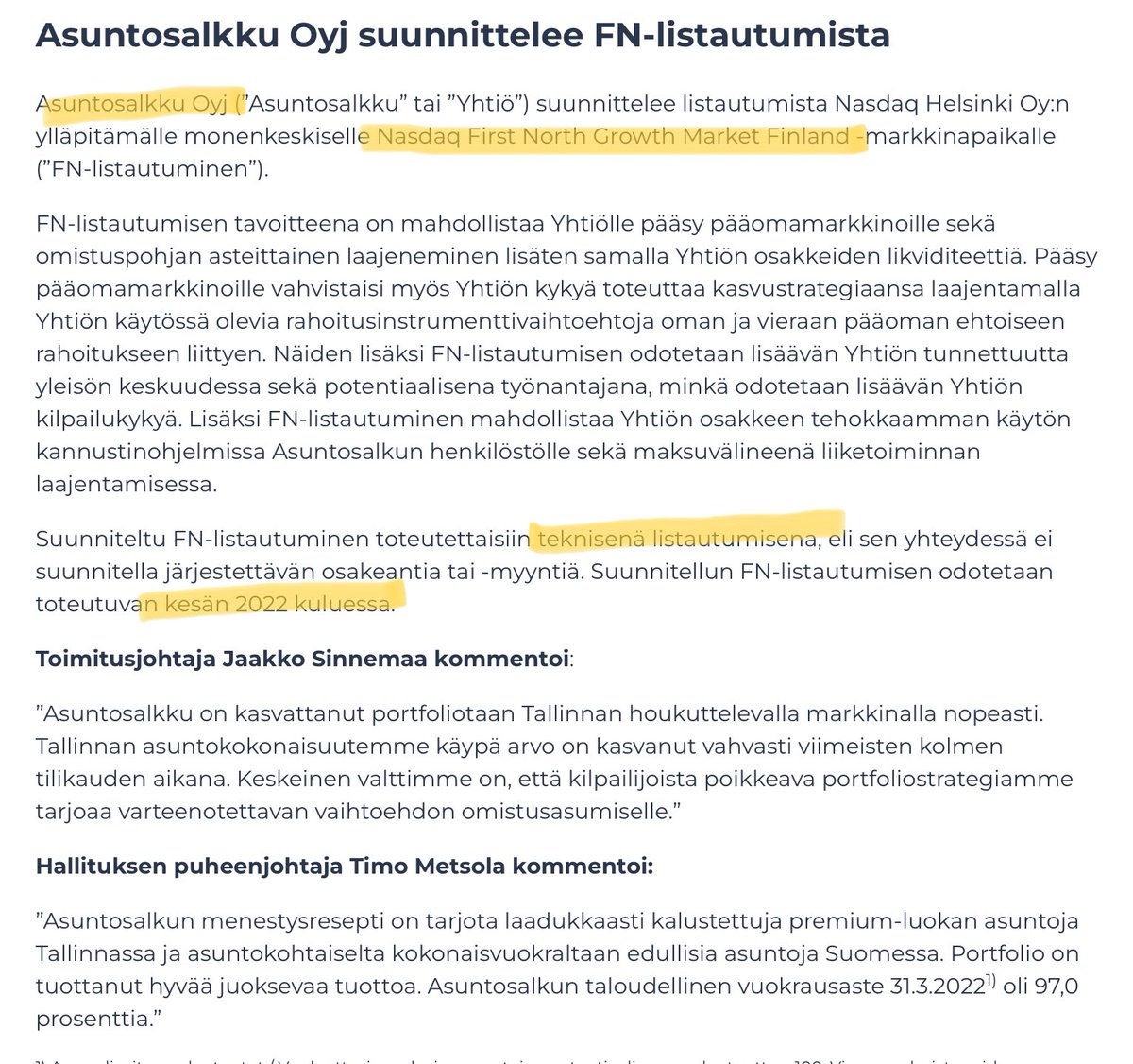 zijoittaja's tweet photo. #Asuntosalkku 🏢💼 listautumassa First Northiin. Tekninen listaus, ei antia tai myyntiä ja aikataulu summer of ’22…the best days of my life…🎶 https://t.co/Wzg7x7yRmQ