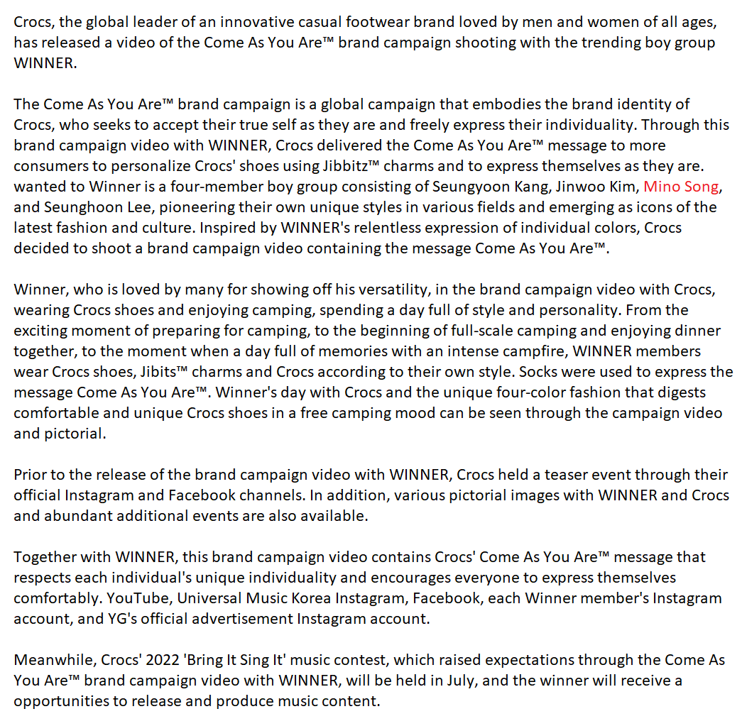 OnlyLookAtMino's tweet photo. [‼] Snap Article  (2/2) 📰
Crocs unveils a four-person, four-color brand campaign video with WINNER

- COME AS YOU ARE™ message delivered with unique Jibits™ charm personalizing with the colorful charms of Winner

#MINO #송민호 @official_mino_위너 송민호 @yginnercircle https://t.co/WbocrJd7bu