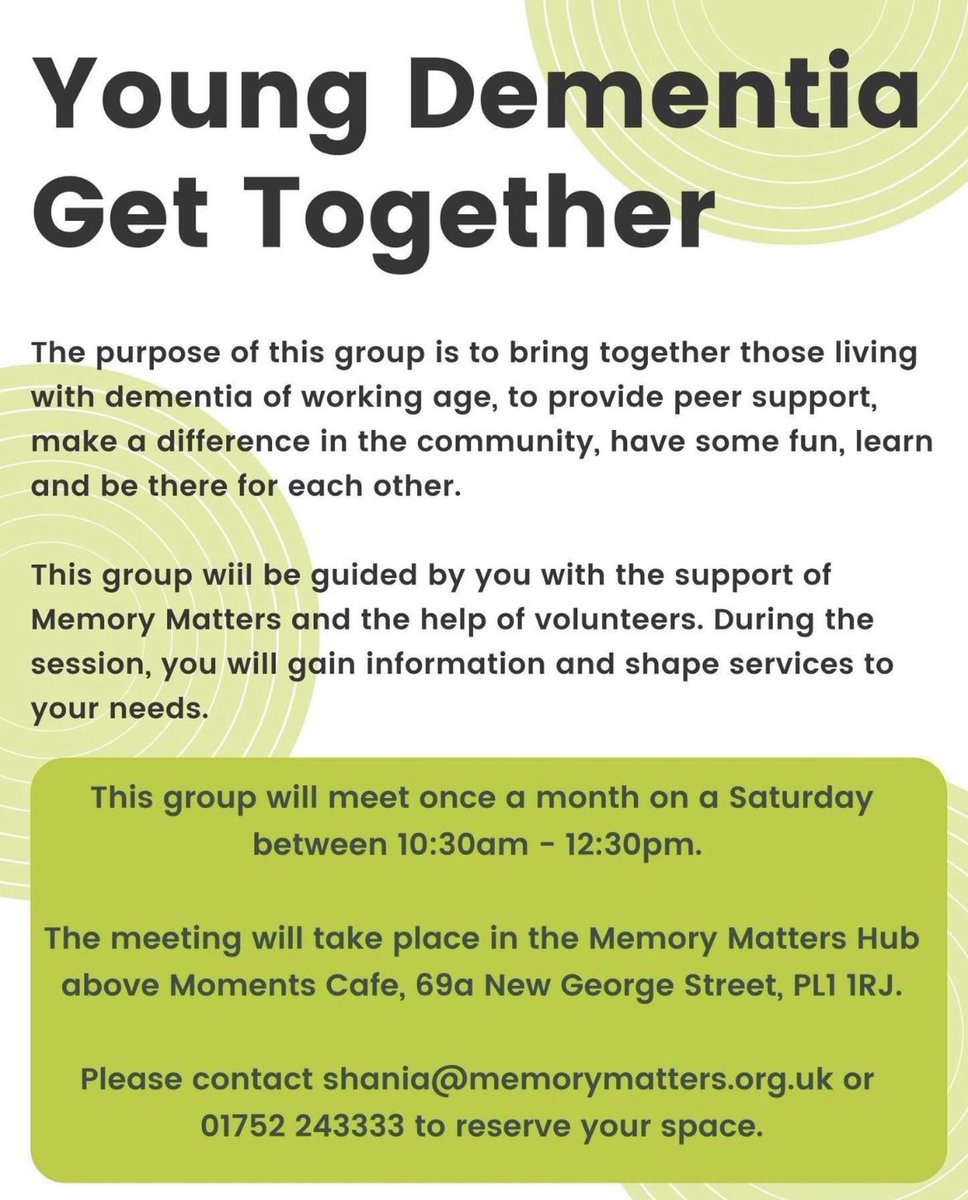 Have you or someone you love been diagnosed with dementia before the age of 65? 🧠

Then look no further ...

Our FREE Young Dementia Get Together Group runs on the second Saturday of every month 🤩 in Plymouth. 
contact Shania on shania@memorymatters.org.uk or 01752 243333 📞
