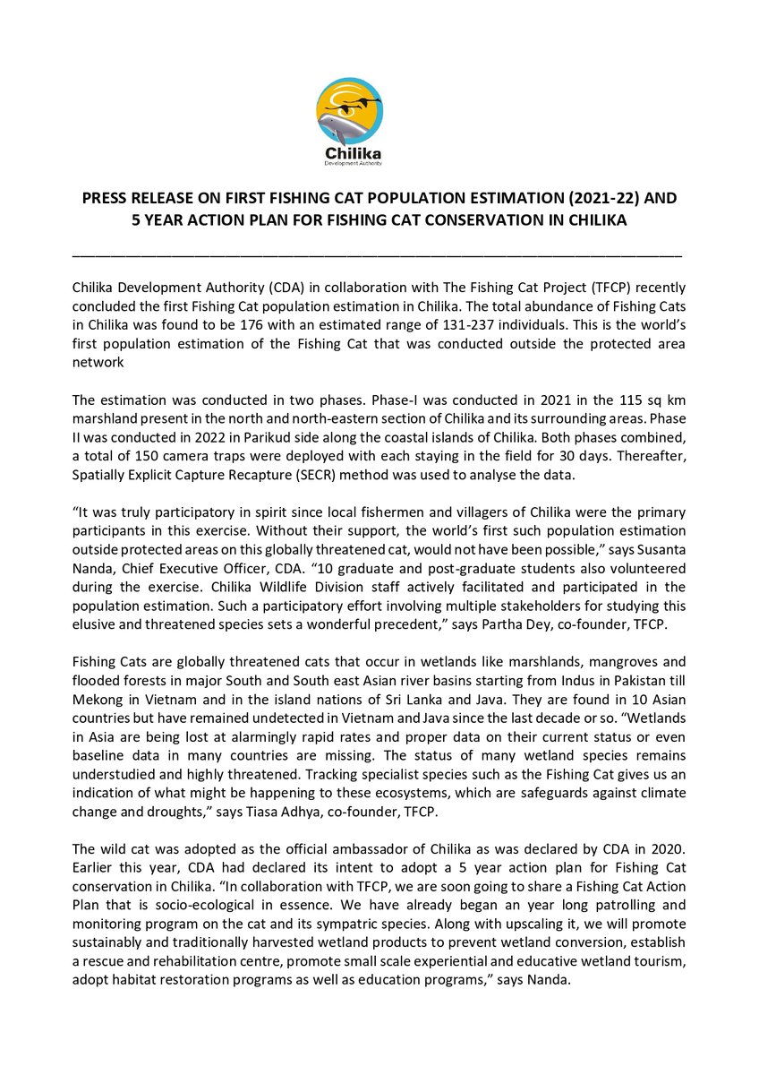 ChilikaDevAuth's tweet image. Press Release on Estimation of Fishing Cat in Chilika lake