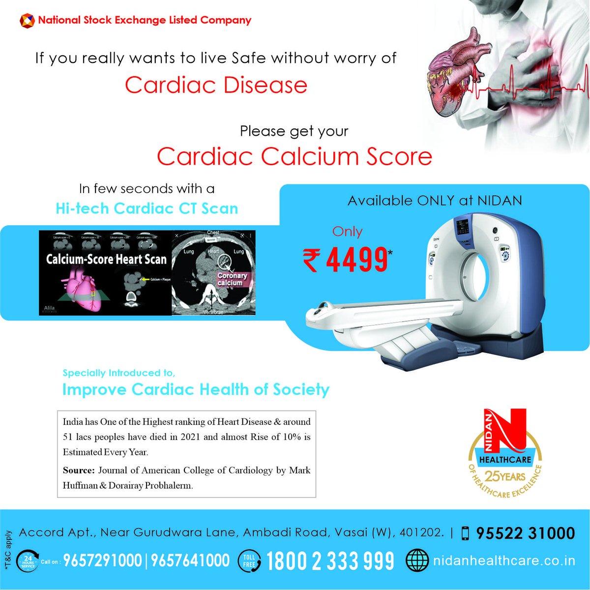 NIDANDIAGNOSTI4's tweet photo. Get your cardiac calcium score today in just a few seconds with Hi-tech Cardiac CT Scan.
.
.
#nidanhealthcare #nidan #cardiacdisease #ctscan #cardiaccalciumscore #heartdisease #health #staysafe #vasai #vasaivirar https://t.co/3Zs63Yvjxo