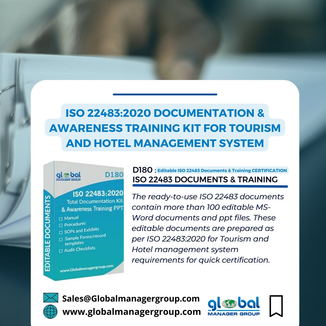 ISOconsult_GMG's tweet photo. Are you looking for ISO 22483 Documents & Training kit for your organization?
If yes, We Provide Ready-to-use documentation & training packages.
#training #iso22483 #hotelmanagement #hotelmanagementsystem #ISO29993 #isoconsultancy #isoconsultant #hotelindustry https://t.co/X94ynLIx1f