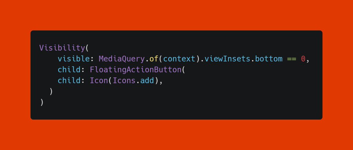 tusharhow's tweet photo. #Flutter Tip:

When your device's keyboard is open, FloatingActionButtons are better doors🚪than windows🪟

Use this simple trick to hide your FABs whenever the keyboard is open so that it doesn't block the view of your TextFields. #FlutterDev #mobile #flutter https://t.co/0dDRbHCH5J
