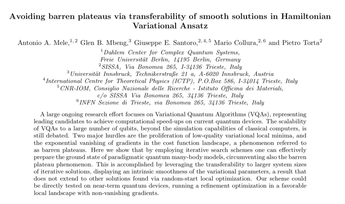 QuAntonioMele's tweet photo. In this project we show that, for the class of problems analyzed, it can be useful to exploit the solution obtained for a small number of qubits to solve more difficult problems with a larger number of qubits avoiding Barren Plateaus in VQAs. ⚛️

https://t.co/kdWpYgLpjy

1/ 🧵 https://t.co/aYXCU9uh83