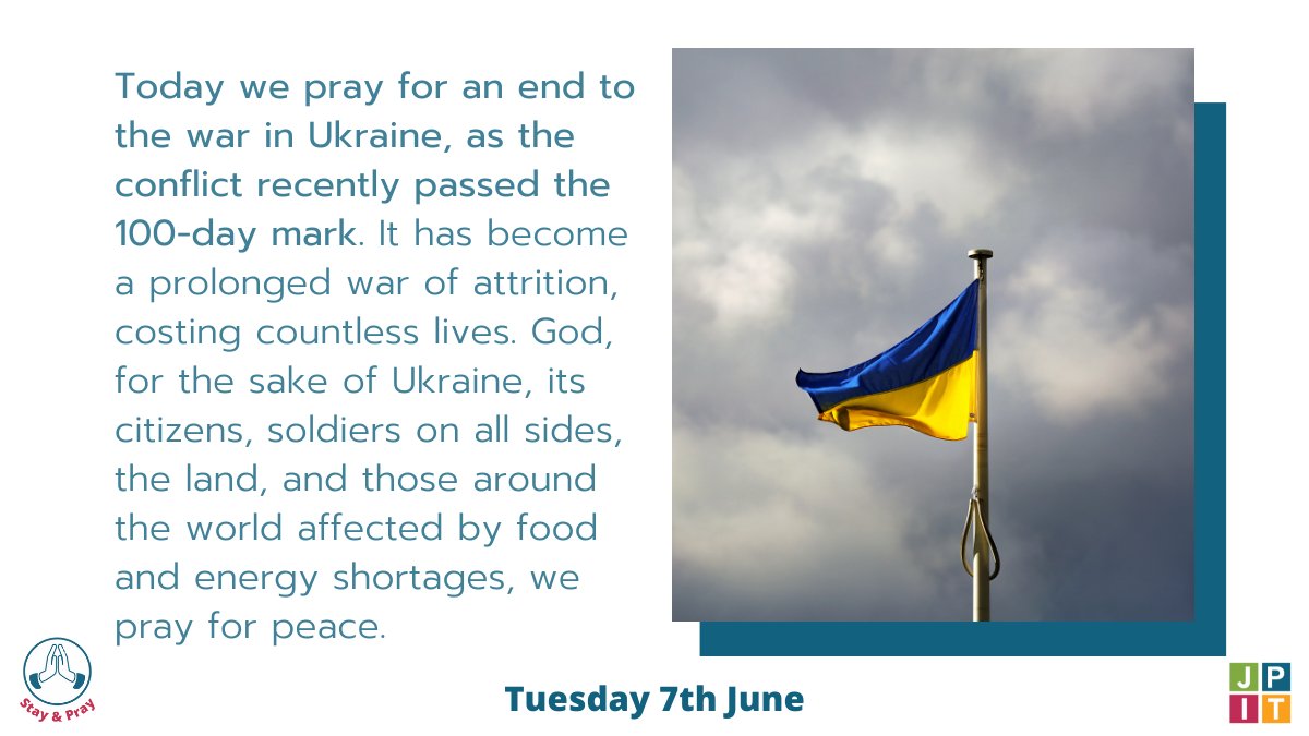 PublicIssues's tweet image. Today we pray for an end to the war in Ukraine, as the conflict recently passed the 100-day mark. God, for the sake of Ukraine, its citizens, soldiers on all sides, the land, and those around the world affected by food and energy shortages, we pray for peace.

#StayAndPray