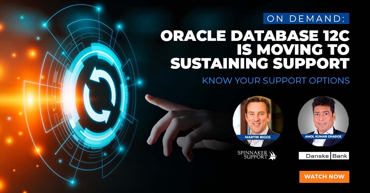 SpinnakerSupprt's tweet photo. As of 31 July, Oracle 12c users will only have access to limited support, without security patches or updates. Watch our OnDemand webinar for Oracle 12c to get all the facts before Oracle puts you on Sustaining Support #knowyoursupportoptions https://t.co/tyGpKik319 https://t.co/TXiPZFPNW3